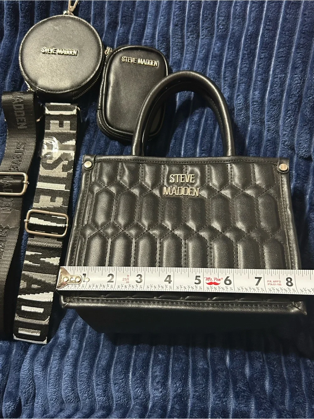 Steve Madden Black Quilted Mini Satchel with Branded Strap and Pouches